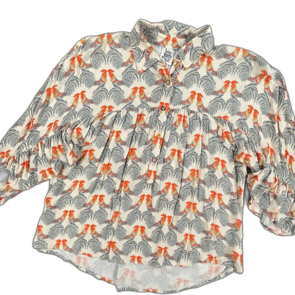 Ivy Jane Rooster Print Swing Trapeze Ruffle Blouse S/M Cream Orange Navy Boho